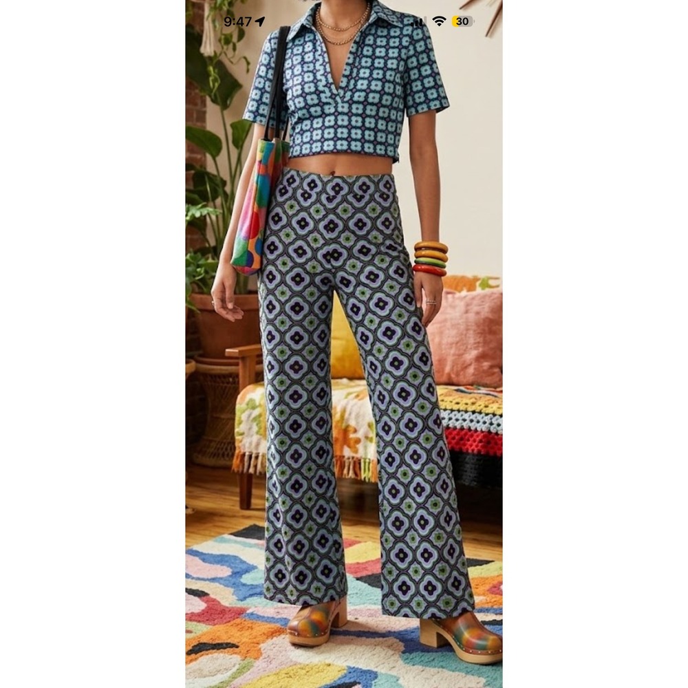 Zara Retro Floral 2 Piece Set Crop Top & Flare Pants Purple Blue NWT Size M